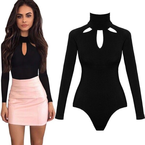 Black Cutout Long Sleeve Slim Sexy Solid Color Jumpsuit